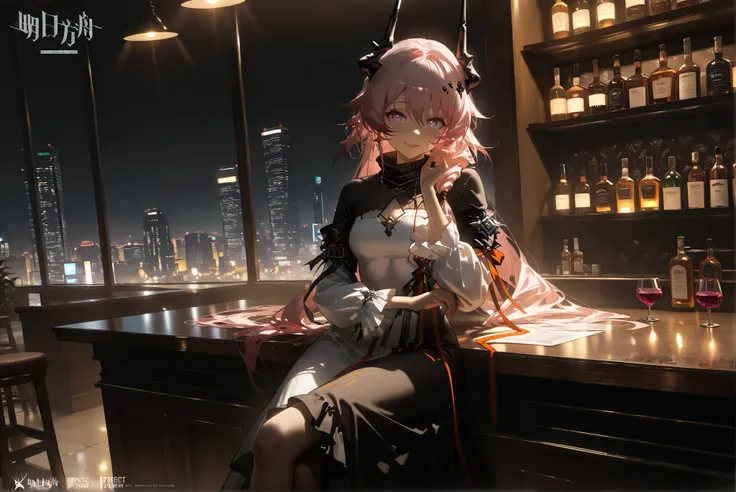 female,(((alone)))((Theresa)),((Theresa_\(arknights\))), Theresa_\(arknights\),  pink hair color 。Pink Eyes。longhair。Black horn 。  white and black dress,( beautiful eyes:1.5),smile,,Photorealistic Background,Bar counter, is sitting, best quality, amazing q...