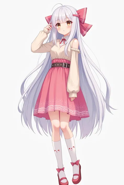 Tall anime girl with long white hair and a big pink bow athe back of her hair. Hazel eyes, and a outfit that has the top go up to her chest, with a belt separating that and a pink sparkly skirt that reaches down to her knees. Knee high socks that have a cu...