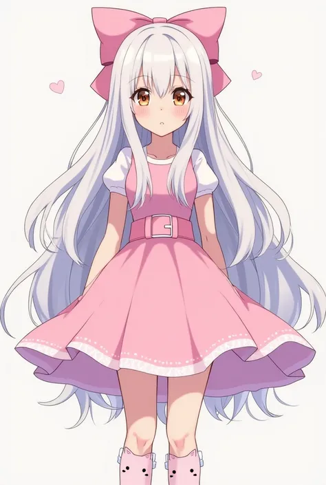 Tall anime girl with long white hair and a big pink bow athe back of her hair. Hazel eyes, and a outfit that has the top go up to her chest, with a belt separating that and a pink sparkly skirt that reaches down to her knees. Knee high socks that have a cu...