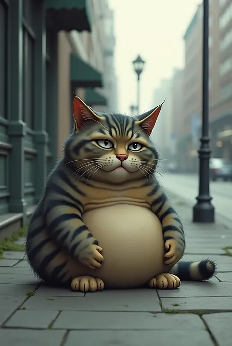 A sad fat cat in a sidewalk