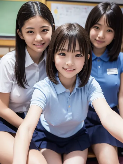 ( high definition)、( High Quality )、( short hair as left eye)、( tight and sleeveless shirt)、( collared shirt)、(shirt with button on the chest )、( miniskirt)、( two Japanese girls )、( bring their faces close to the camera:1.2)、( bring your face close to here...