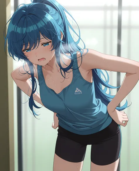 anime screencap, masterpiece, best quality,
1girl, solo, open mouth, blush, tired, 
long hair, ponytail, blue hair, blue eyes, blue tanktop, black yoga shorts, hands on hips, out of breath, sweaty, open mouth, red face 
