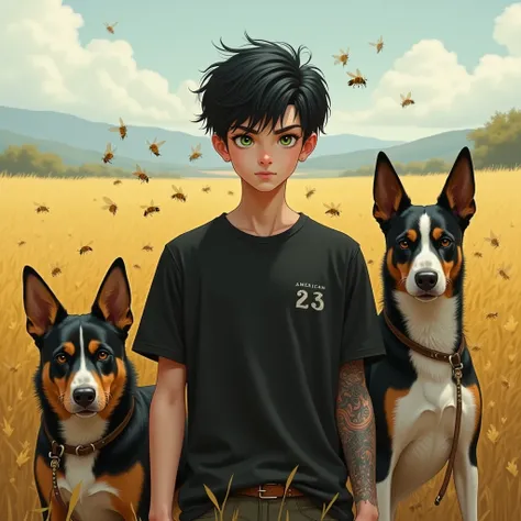 A young man with white skin, black hair, green eyes in a field. Lots of bees around him. T shirt noire. Accompanied by a black brindle American staff and a brown and white American staff. He is tattooed with the number 23.  realistic image 