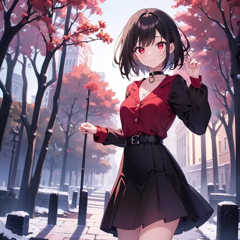 (masterpiece,  best quality,  best quality, ( no text),  beautiful and aesthetic:1.2), no text,anime、break, One Girl， dark-haired woman walking through a graveyard　 short hair 　sister　 choker　 tree eyes 　 beautiful eyes　 red eyes　nice　smile　Red and Black　 ...