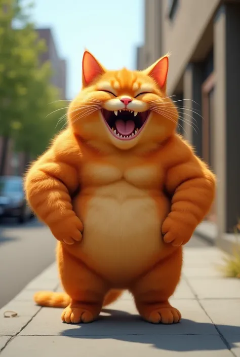 Orange standing muscled cat laughing on a sidewalk