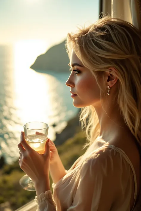  A beautiful girl with blond hair in a light outfit , Wonderful держит бокал и смотрит на прекрасный вид из окна, beautiful sun rays overlooking the sea ,  Main detail,  masterpiece, 8 k,  best quality,  complicated details,  maximum number of details ,  u...