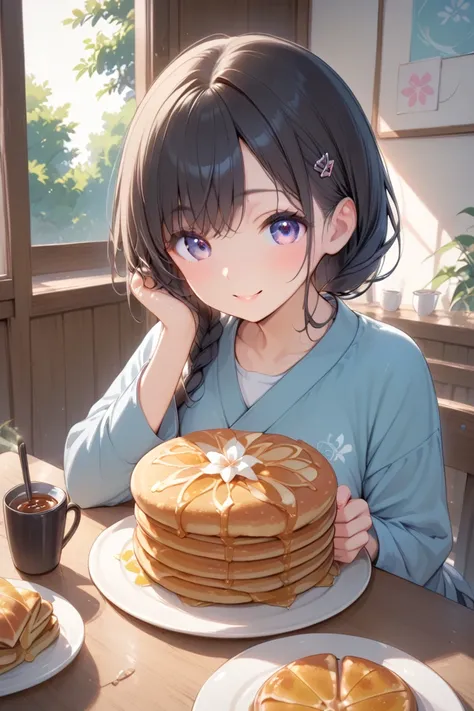 ( high quality )cute Japanese high school girl 、 pancakes 、Black tea、