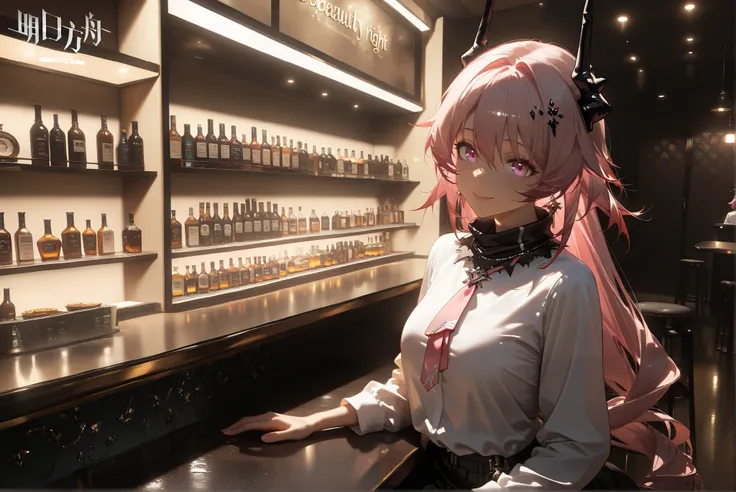 female,(((alone)))((Theresa)),((Theresa_\(arknights\))), Theresa_\(arknights\),  pink hair color 。Pink Eyes。longhair。Black horn 。 ((( white shirt)))((( pink tie))),( beautiful eyes:1.5),smile,,Photorealistic Background,Bar counter, is sitting, best quality...