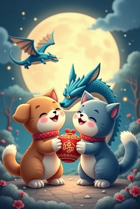 A cute dog and cat holding a lucky bag underneath on a full moon with a blue dragon in the background