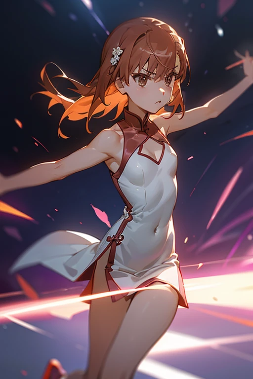 Misaka Mikoto、A Certain Scientific Railgun、girl、Small breasts、whole body、bare shoulders, china dress, chinese clothes, short dress, cleavage cutout, sideboob, thighs,、best quality,