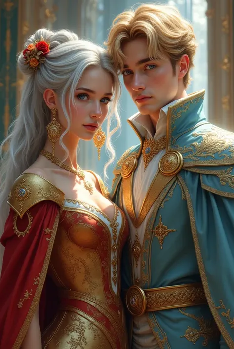  Silver Hair　 gold　female　Age 15　Magister　gold and red earrings　 dress 　& Blonde　Blue Eyes　male　Age 15　Duke　Light blue dress with 