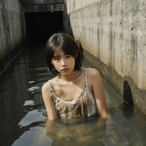  middle school girl,Short hair with visible ears, dirty white tank top, dirty white tank top, Snapshot, rough skin,Dirty Skin,I'm soaking up to my waist in an urban irrigation canal surrounded by concrete, taken from the side,I'm fishing for trash