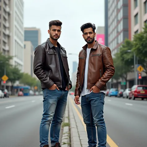 Two handsome young Indonesian men , white,dressed in a leather jacket , jeans and shoes ,standing on the side of the road while looking ahead facing the camera, the background of the city and there is a curved pigura with the name"arrowroot"