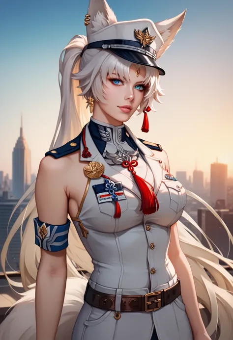 woman in her 20s,  (beautiful bright blue eyes), (white military officer uniform), (gold trimming in outfit), brown leather belt with gold buckle, (medals on her chest), (rank symbol on arm), (military cap with gold symbol), (city capitol background), phot...