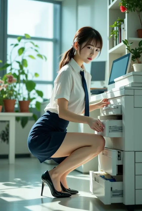 Sexy beautiful Japanese woman, a self defense officer uniform, wearing a white short-sleeved shirts, navy blue tie, navy blue pencil skirt, Black patent high heels, beautiful hip-line, Beautiful thighs, A woman crouches down and opens the bottom drawer of ...