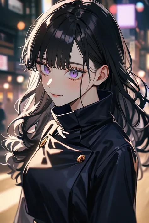 Jujutsu kaisen, 14K HD, front range, beautifull girl, jujutsu kaisen uniform, cute girl, cute face, long hair, black hair, light purple eyes, wavy hair, side bangs, cute eyes, japanese cute eyes.