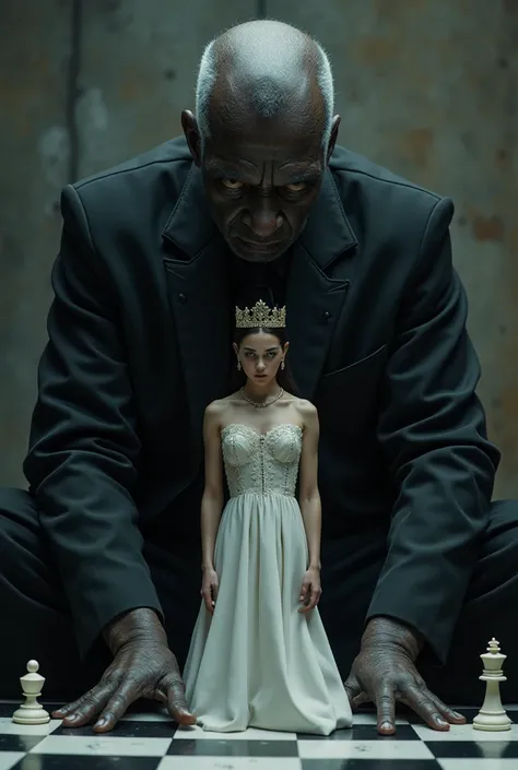 Human and realistic view of the young and sexual white queen protecting the old and decrepit white king from the attack of the black queen in a black suit and dark skin on the chessboard 