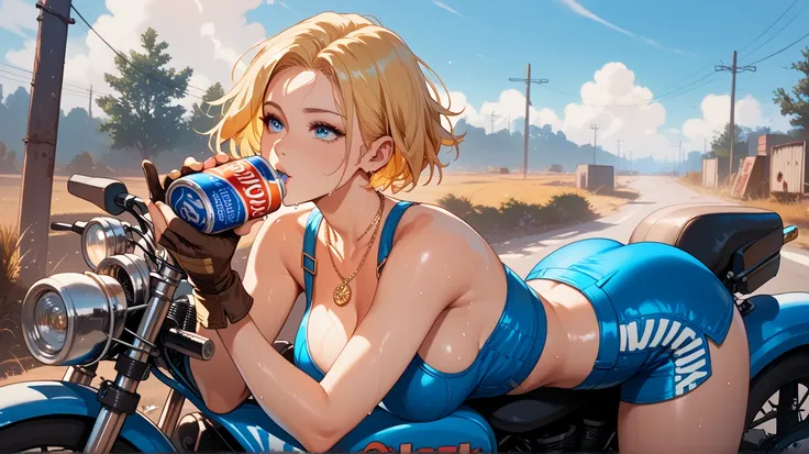 Sexy blue mary , UHD,  short hair,  blond hair , blue eyes big breasts, gold necklace,  motorcycle gloves,  in a wasteland, Sitting on a motorbike, sweating,  drinking from a can, pose sexy, 