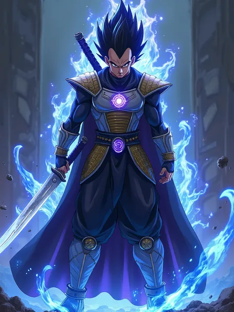 : A regal yet fearsome warrior with Vegeta’s battle armor redesigned to incorporate Sasuke’s black cloak and Rinnegan eye glowing in purple. He wields a katana-like energy blade surrounded by blue flame-like chakra, while his Super Saiyan Blue aura mixes w...