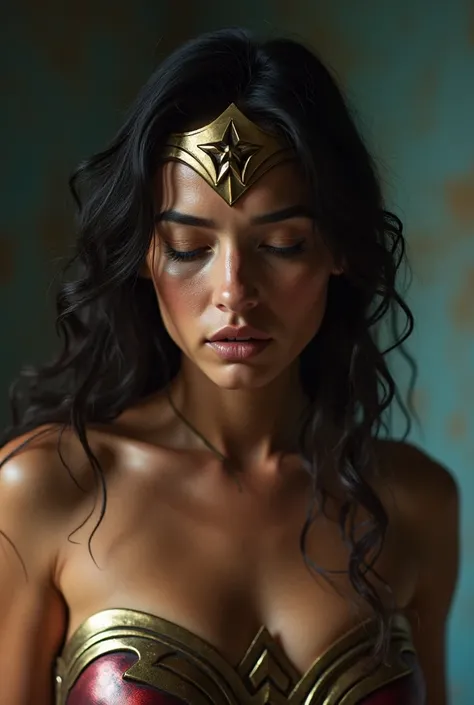 Powerful,  I sweated, Muscular Wonder Woman 、 Being Punched in the Stomach by an Invisible Woman .  Wonder Woman's Face Distorted by Pain and Illness .  Wonder Woman's Face Distorted by Pain and Illness 。 Wonder Woman's mouth。.  Wonder Woman's Sweaty ,  Mu...