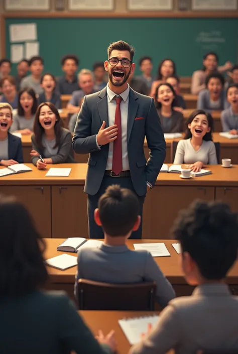 A lecturer lecturing while student are laughing 