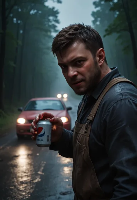 Maniac, Night road,  roadside ,  the man tries to stop the car , wicked,  cinematic, thriller , horror, hands in blood, a mug in hand ,  heavy rain ,  shabby old overalls ,  ominous smirk , car headlights , The road in the woods,  detail, realistic, Night,...