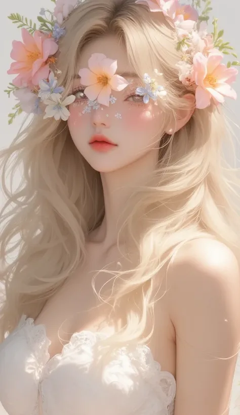 Very beautiful girl, her eyes covered with colorful pastel flowers、 only her lips and nose should be visible 。 long hair、Blonde、anime
Full body cut、 sleeveless dress