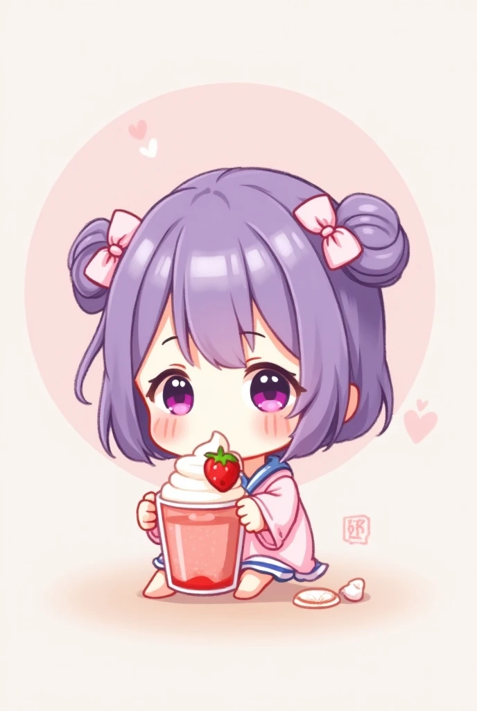 Cute chibi girl with purple hair and pink bows drinking strawberry smoothie. generated ai