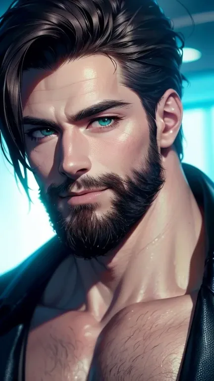 (    best quality,4K,8k,    highres,    masterpiece  :1.2),    ultra-detailed    ,(realistic,photorealistic,photo-realistic:1.37),34 years old, man,3 day beard,Beautiful anime,Portraits,strong,Masculine,    with dark hair  ,sharp jaw,  hypnotic emerald eye...