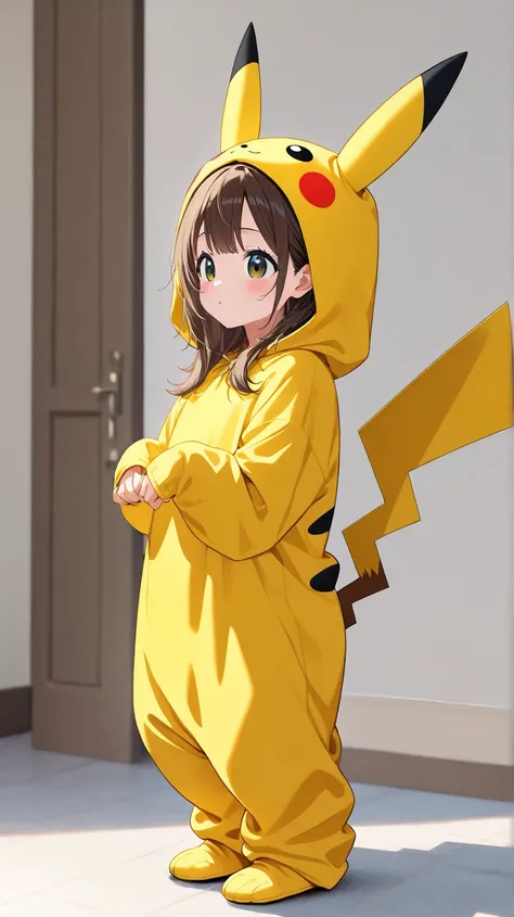 A cute cat wearing a Pikachu costume, standing up