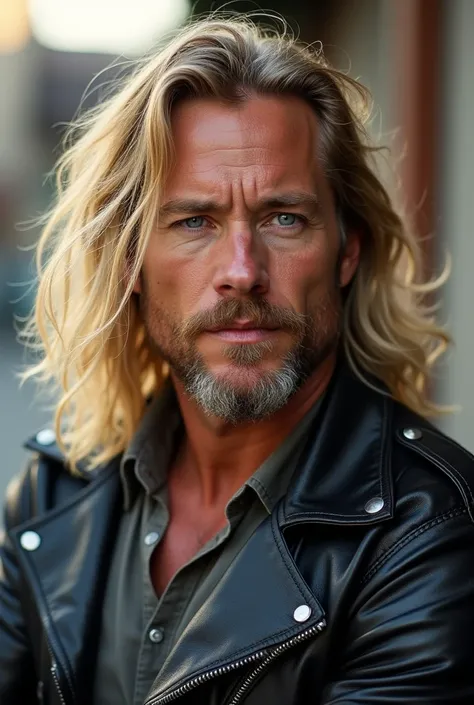 Generate an image of a ruggedly handsome man in his mid-30s to early 40s, with long blonde hair, a well-groomed beard, and piercing blue eyes. He has a muscular build and is dressed in casual attire, such as a leather jacket and jeans. The scene is set out...