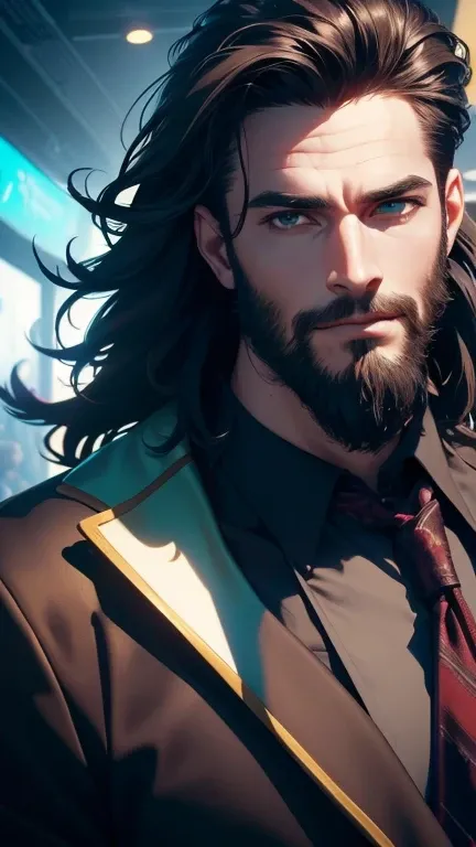 (    best quality,4K,8k,    highres,    masterpiece  :1.2),    ultra-detailed    ,(realistic,photorealistic,photo-realistic:1.37),34 years old, man,3 day beard,Beautiful anime,Portraits,strong,Masculine,    with dark hair  ,sharp jaw,  hypnotic emerald eye...