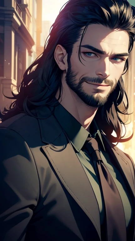 (    best quality,4K,8k,    highres,    masterpiece  :1.2),    ultra-detailed    ,(realistic,photorealistic,photo-realistic:1.37),34 years old, man,3 day beard,Beautiful anime,Portraits,strong,Masculine,    with dark hair  ,sharp jaw,  hypnotic emerald eye...