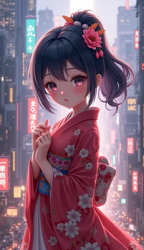 An anime girl in a coquette Japanese dress behind a 3d city background 