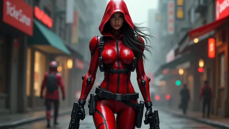 A Deadly Assassin female who works for a Black Ops organization traveling the globe specializing in high profile hits  wearing a red latex hypersuit, Heavenly armed  with guns and knives    