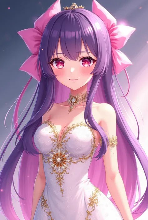 Anime girl with long purple with pink accents hair, very sparkly and red eyes, pretty tall and busty, has a big pink bow in the back of her hair which strings reach down to her waist, has very gorgeous and expensive clothes, a very sparkly white dress with...