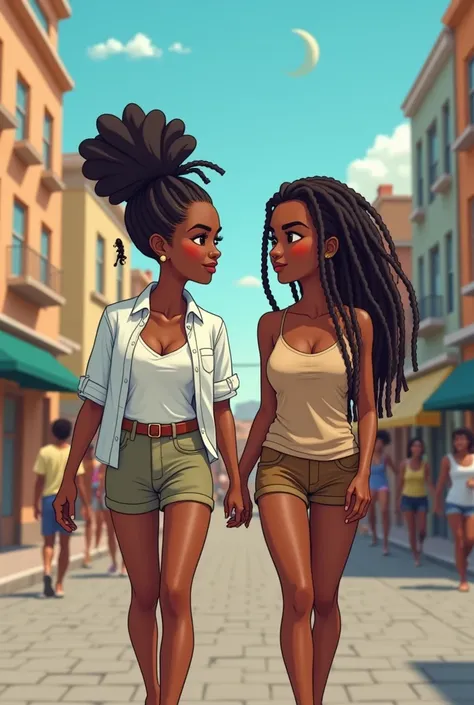 cartoon style of  two black young women walking on a city street. Her large breasts and cleavage look very beautiful. They are both wearing casual summer clothes, with one wearing a white button-down shirt and khaki shorts and short dread hair, and the oth...