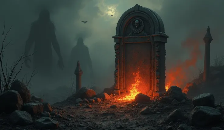 A contrasting dark and ominous grave with shadows and flames emerging, representing the suffering of the disbelievers in their eternal resting place."