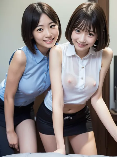 ( high definition)、( High Quality )、( short hair as left eye)、( tight and sleeveless shirt)、( collared shirt)、(shirt with button on the chest )、( miniskirt)、( two Japanese girls )、( bring their faces close to the camera:1.2)、( bring your face close to here...