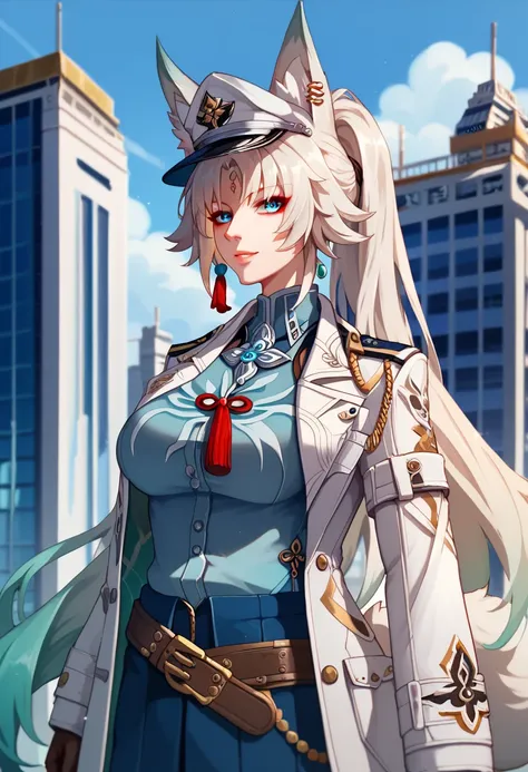 woman in her 20s,  (beautiful bright blue eyes), (white military officer uniform), (gold trimming in outfit), brown leather belt with gold buckle, (medals on her chest), (rank symbol on arm), whithe shirt, (military cap with gold symbol), (city capitol bac...