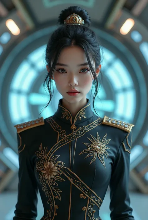 Create a woman with Asian features, white, dressed in formal attire and leader of a galactic nation. 