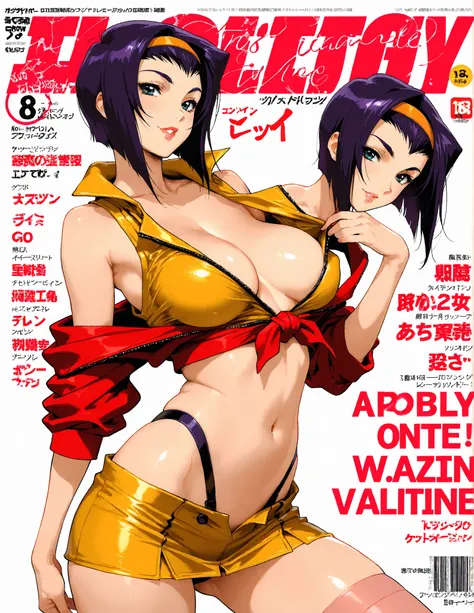 Faye valentine, magazine cover, white background, pose, Faye smile,, masterpiece, best quality, amazing quality, detailed background, intricate details, sexy pose, pencil skirt, 