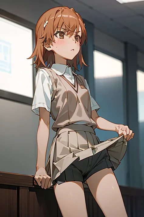 Mikoto misaka.、A Certain Scientific Railgun、girl、Small breasts、whole body,blush,Short sleeve blouse、Beige knit vest、Darkgrey plain pleated skirt、best quality,shorts,skirt lift,panty shot