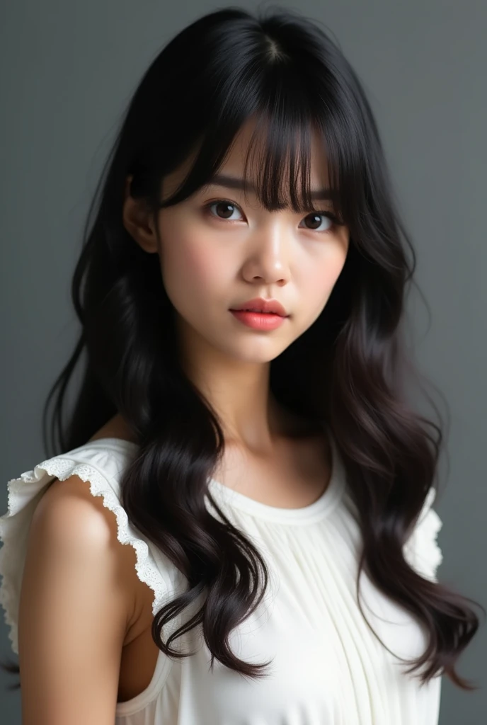  The image features a young Asian woman with long hair , dark,  and wavy . Her hair has long, layered bangs .  She is wearing a sleeveless white top with dramatic detail around the shoulders.   No additional information can be identified from this image .