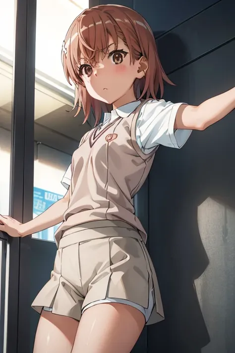 Mikoto misaka.、A Certain Scientific Railgun、girl、Small breasts、whole body,blush,Short sleeve blouse、Beige knit vest、Darkgrey plain pleated skirt、best quality,(white  shorts:1.4),(skirt lift:1.3),panty shot