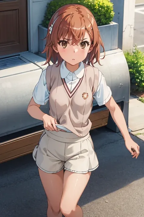 Mikoto misaka.、A Certain Scientific Railgun、girl、Small breasts、whole body,blush,Short sleeve blouse、Beige knit vest、Darkgrey plain pleated skirt、best quality,(white  shorts:1.4),(skirt lift:1.3),panty shot