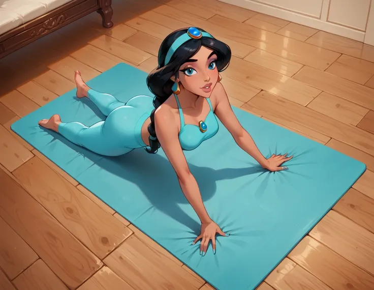 score_9, score_8_above, score_7_above, ratiNg_questioNable, epiCPhoto, 1 Very sexy woman (Jasmine da Disney, Arabian appearance , pele morena,  black hair, eyes
Brown , thick braid,  turquoise headband with sapphire , barefoot: 1.1), linda waifu,
yoga pant...