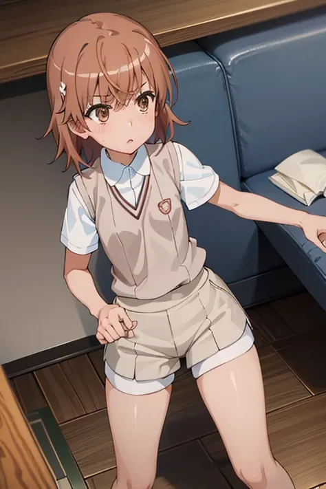 Mikoto misaka.、A Certain Scientific Railgun、girl、Small breasts、whole body,blush,Short sleeve blouse、Beige knit vest、Darkgrey plain pleated skirt、best quality,(white  shorts:1.4),(skirt lift:1.3),panty shot