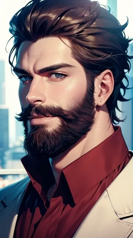 (  best quality,4K,8k,  highres,  masterpiece :1.2),  ultra-detailed  ,(realistic,photorealistic,photo-realistic:1.37),34 years old, man,One-day beard ,Beautiful anime,Portraits,strong,Masculine,  with dark hair  ,sharp jaw,   mesmerizing eyes   ,  perfect...