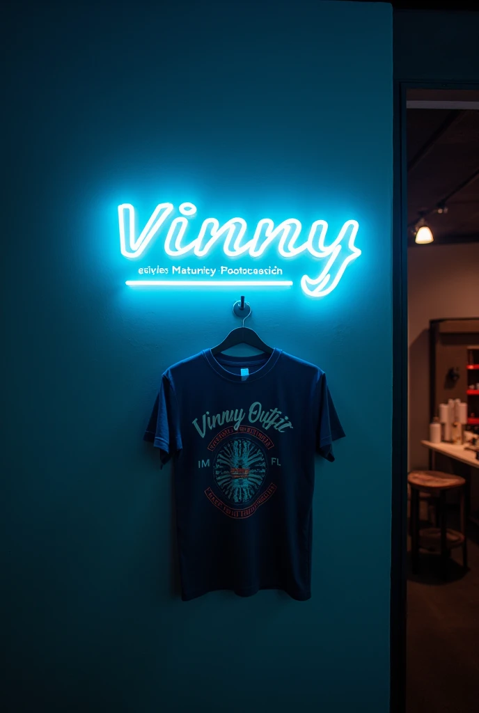 LED Logo in a wall, And with a tshirt written VinnY outfit Collection tand in that wall